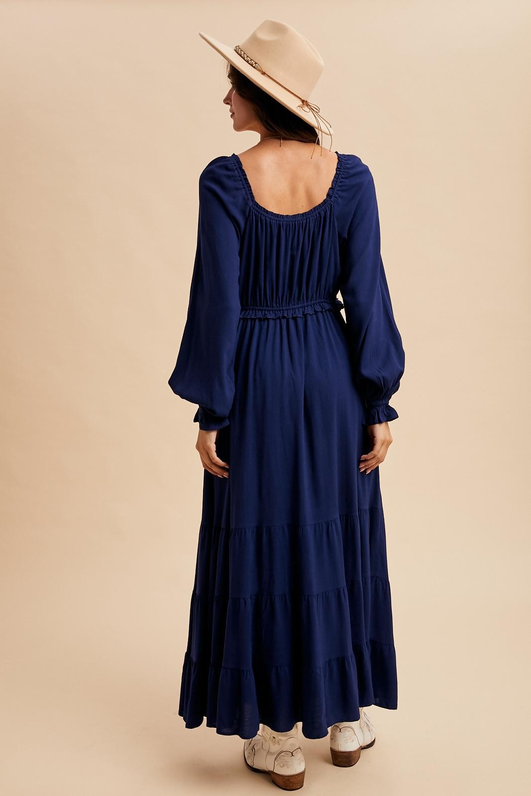 Navy Ruffled Fit And Flare Maxi Dress
