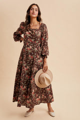 Brown Floral Square Neck Cotton Maxi Dress