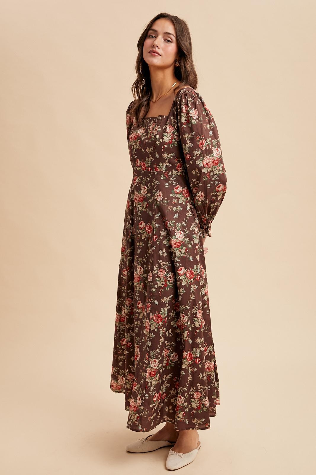 Brown Floral Square Neck Cotton Maxi Dress