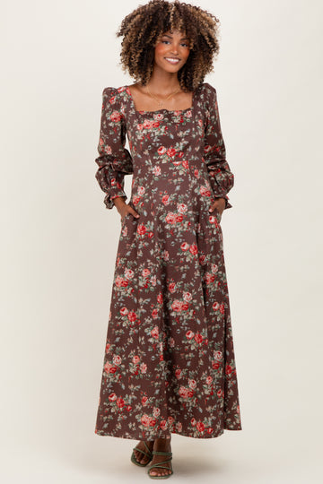 Brown Floral Square Neck Cotton Maternity Maxi Dress