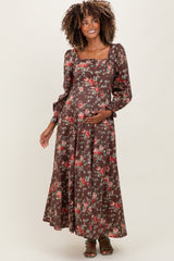 Brown Floral Square Neck Cotton Maternity Maxi Dress