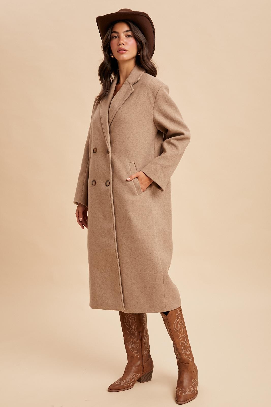 Beige Felted Double Breasted Lapel Duster Coat