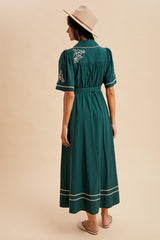 Emerald Embroidered Button Down Maxi Dress