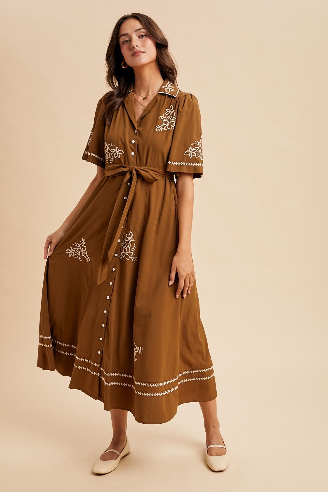 Brown Embroidered Button Down Maxi Dress