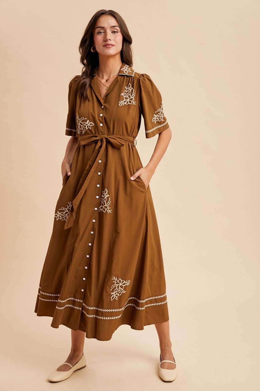 Brown Embroidered Button Down Maxi Dress