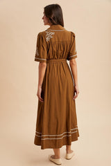 Brown Embroidered Button Down Maxi Dress