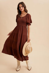 Brown Smocked Tiered Maxi Dress