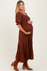 Brown Smocked Tiered Maternity Maxi Dress