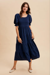 Navy Smocked Tiered Maternity Maxi Dress