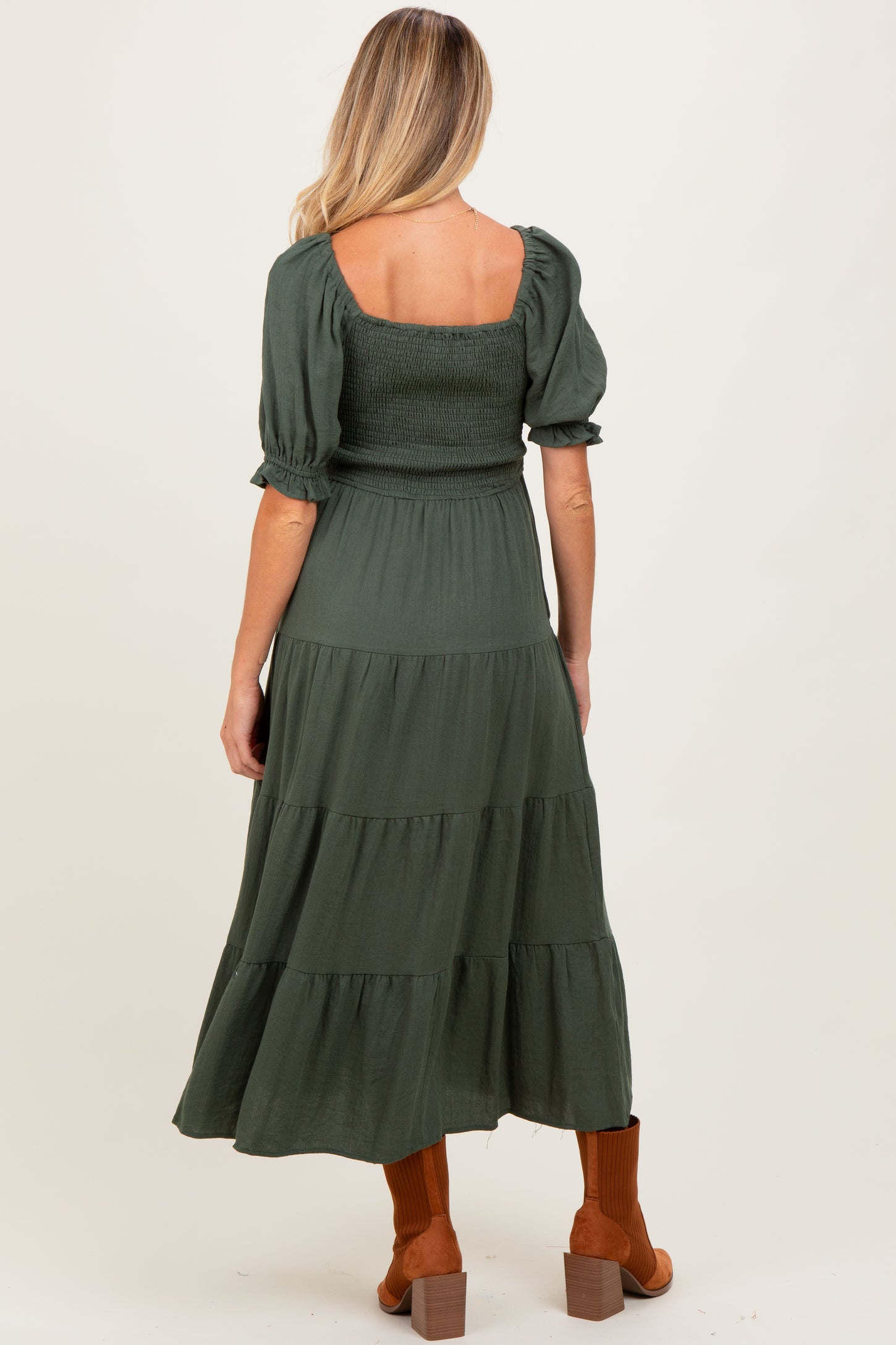 Olive Smocked Tiered Maternity Maxi Dress