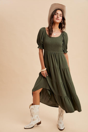 Olive Smocked Tiered Maxi Dress