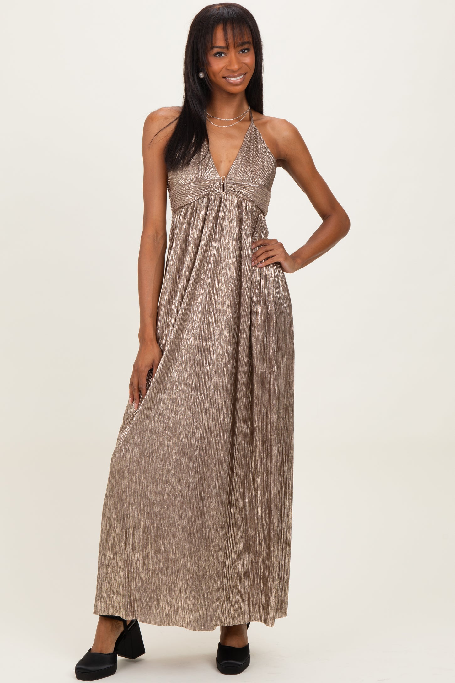 Mocha Gold Gold Foiled Plunging Maternity Maxi Dress
