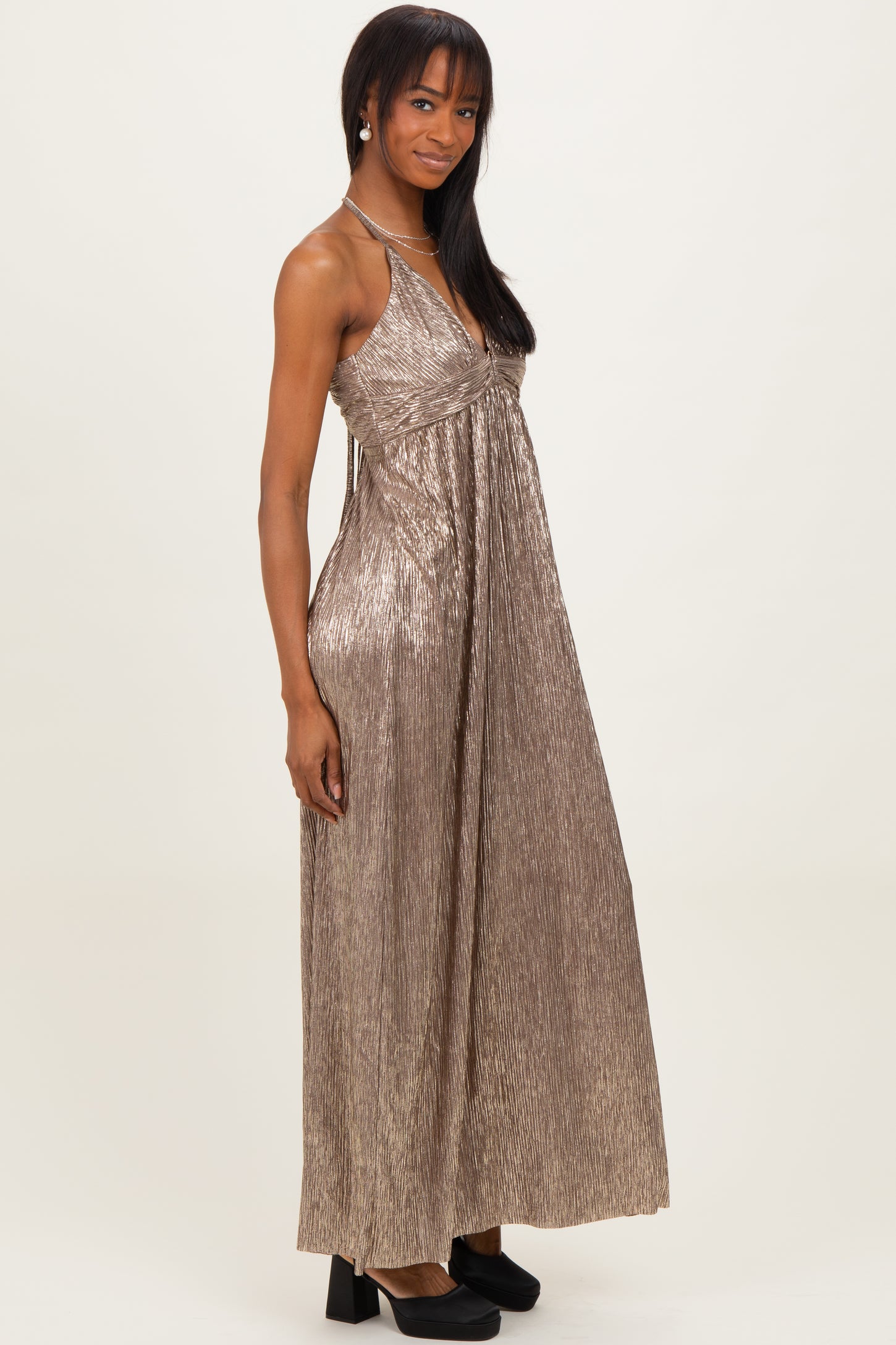 Mocha Gold Gold Foiled Plunging Maxi Dress