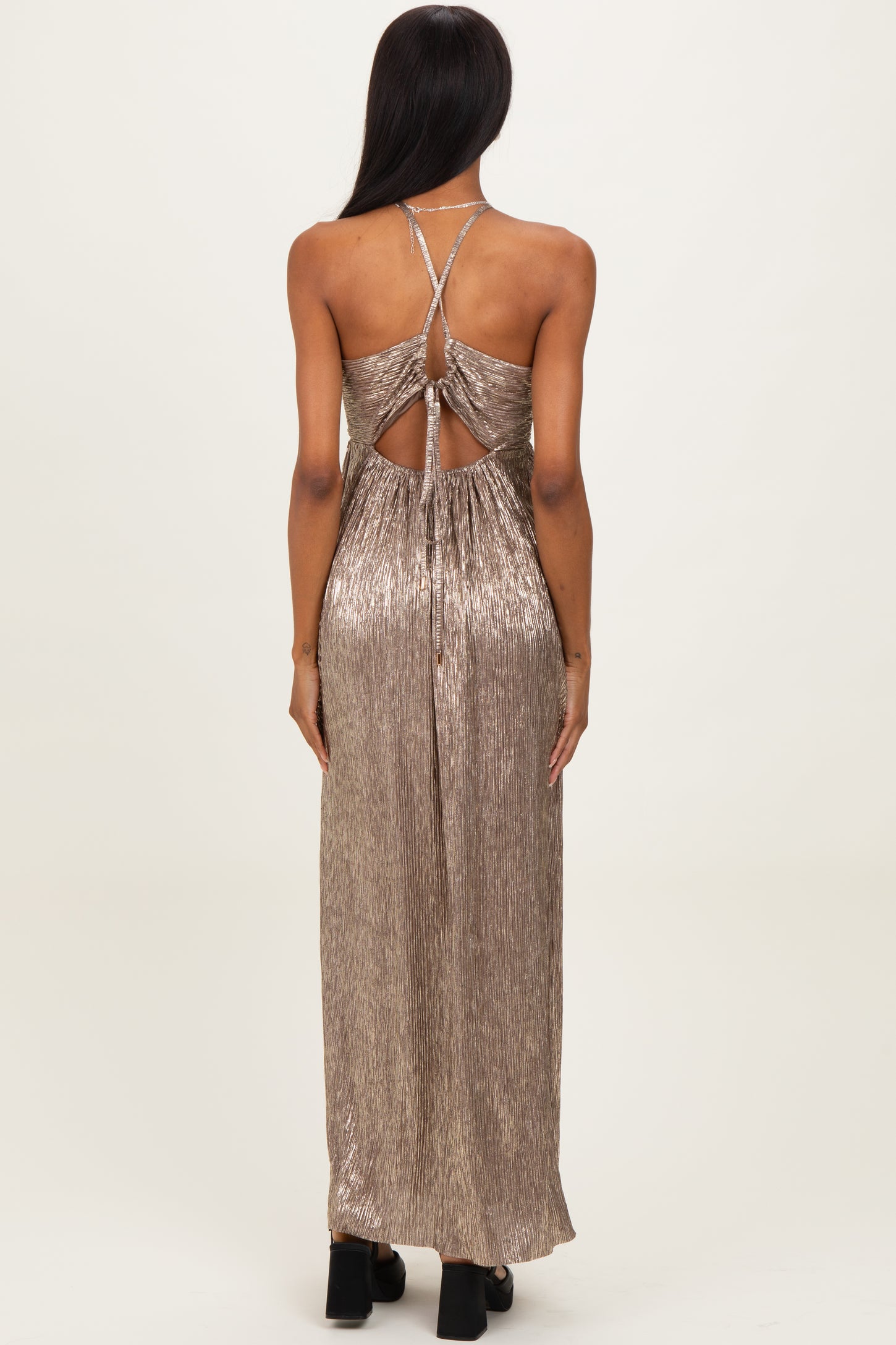 Mocha Gold Gold Foiled Plunging Maxi Dress