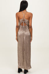 Mocha Gold Gold Foiled Plunging Maxi Dress