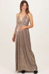 Mocha Gold Gold Foiled Plunging Maternity Maxi Dress