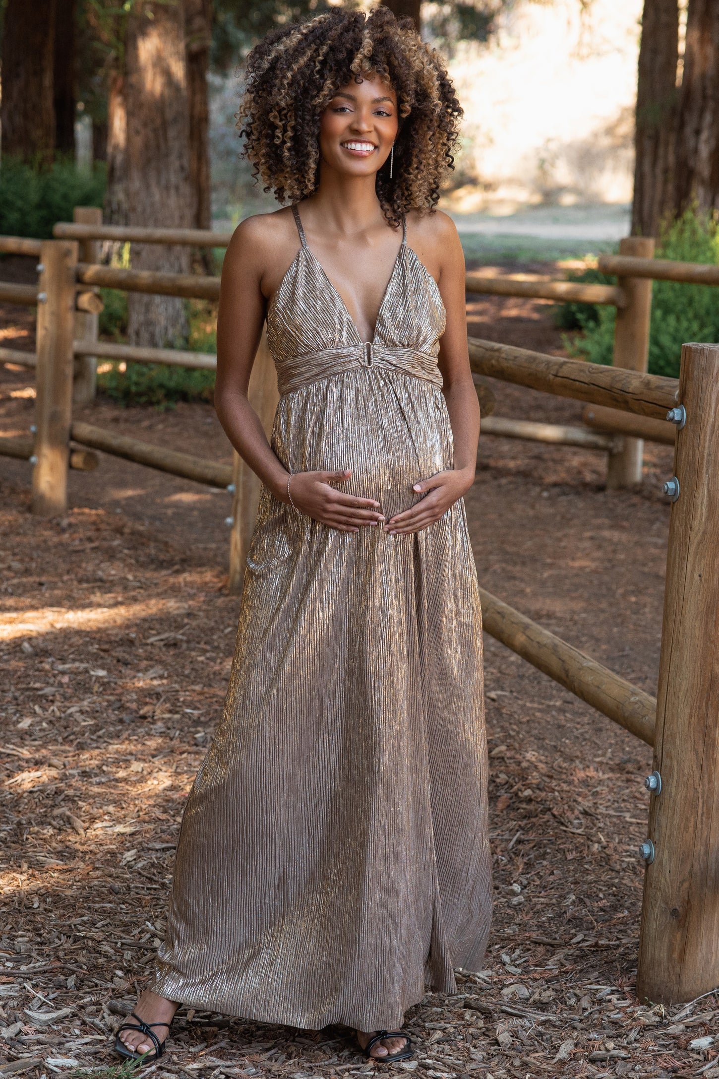 Mocha Gold Gold Foiled Plunging Maternity Maxi Dress