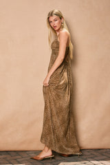 Bronzed Animal Print Plunging Maxi Dress