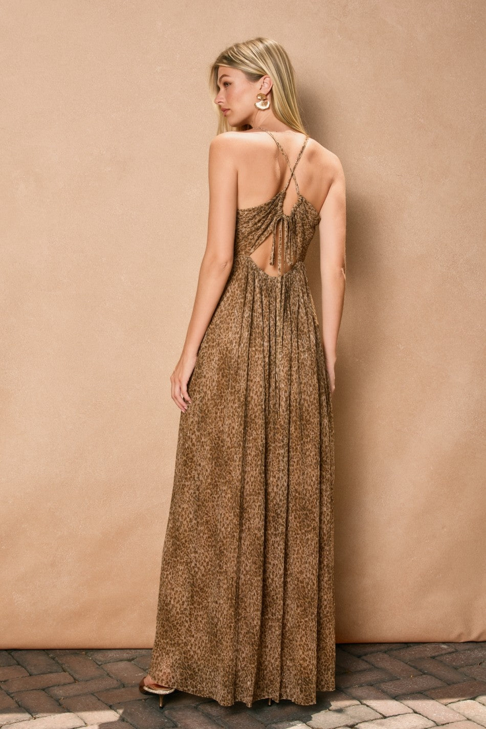Bronzed Animal Print Plunging Maxi Dress