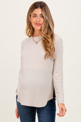 Dark Beige Baby Waffle Knit Long Sleeve Maternity Top