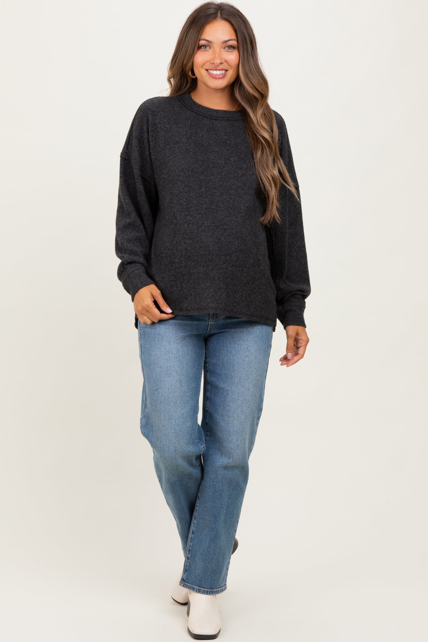 Black Brushed Ribbed Knit Maternity Pullover