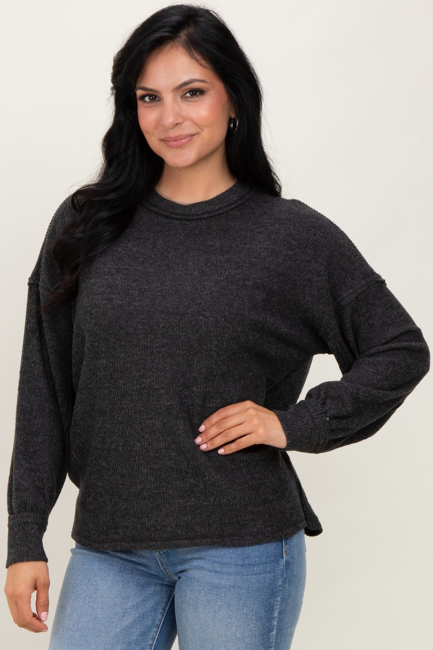 Black Brushed Ribbed Knit Maternity Pullover