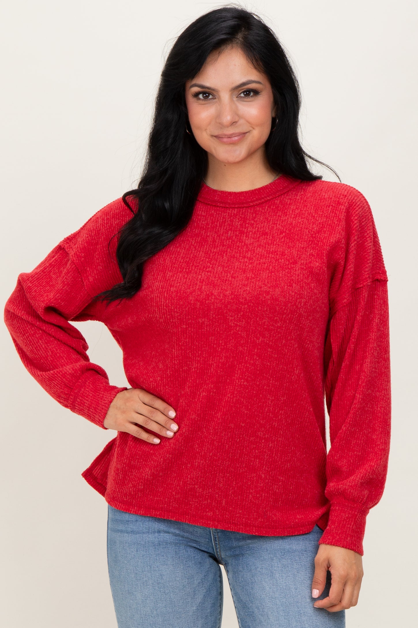 Red Brushed Ribbed Knit Maternity Pullover
