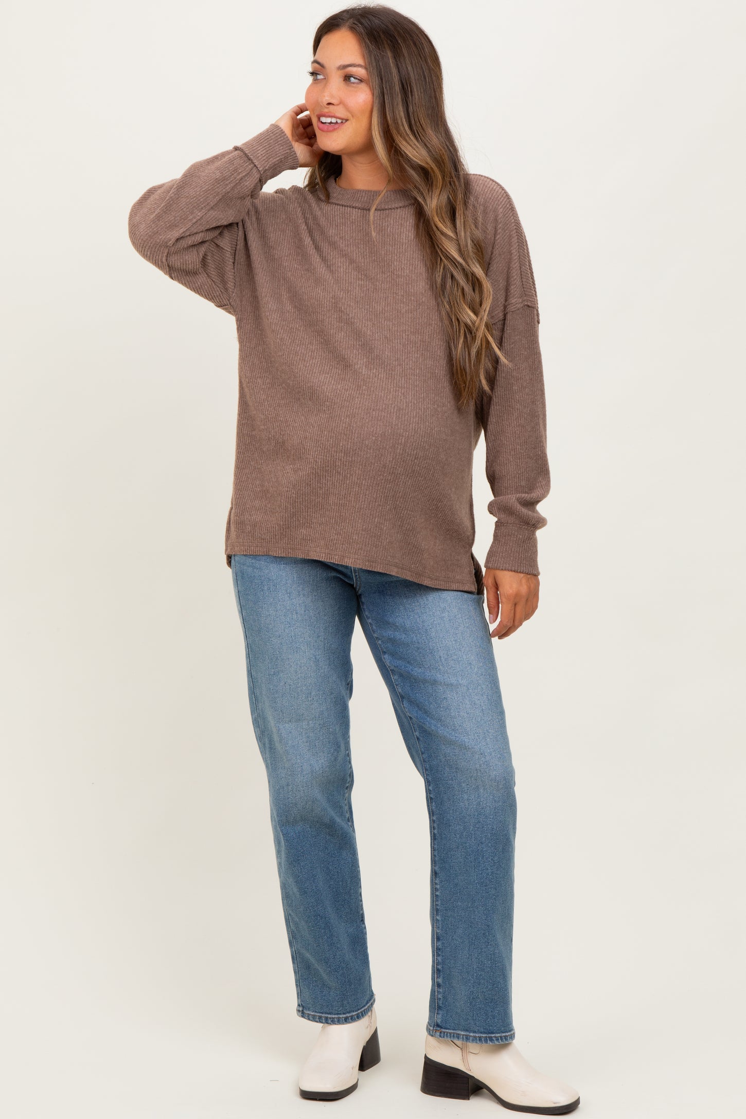 Mocha Brushed Ribbed Knit Maternity Pullover