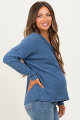 Dusty Blue Ribbed V-Neck Long Sleeve Maternity Top