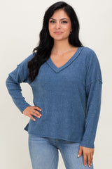Dusty Blue Ribbed V-Neck Long Sleeve Top