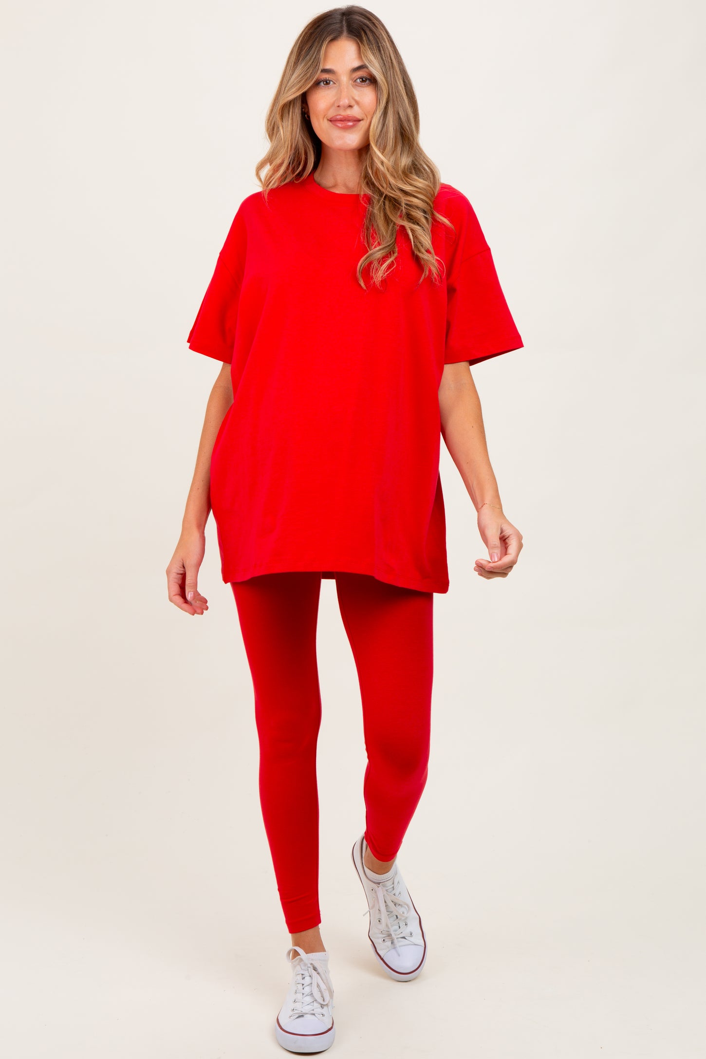 Red Oversized Crewneck Short Sleeve and Legging Maternity Set