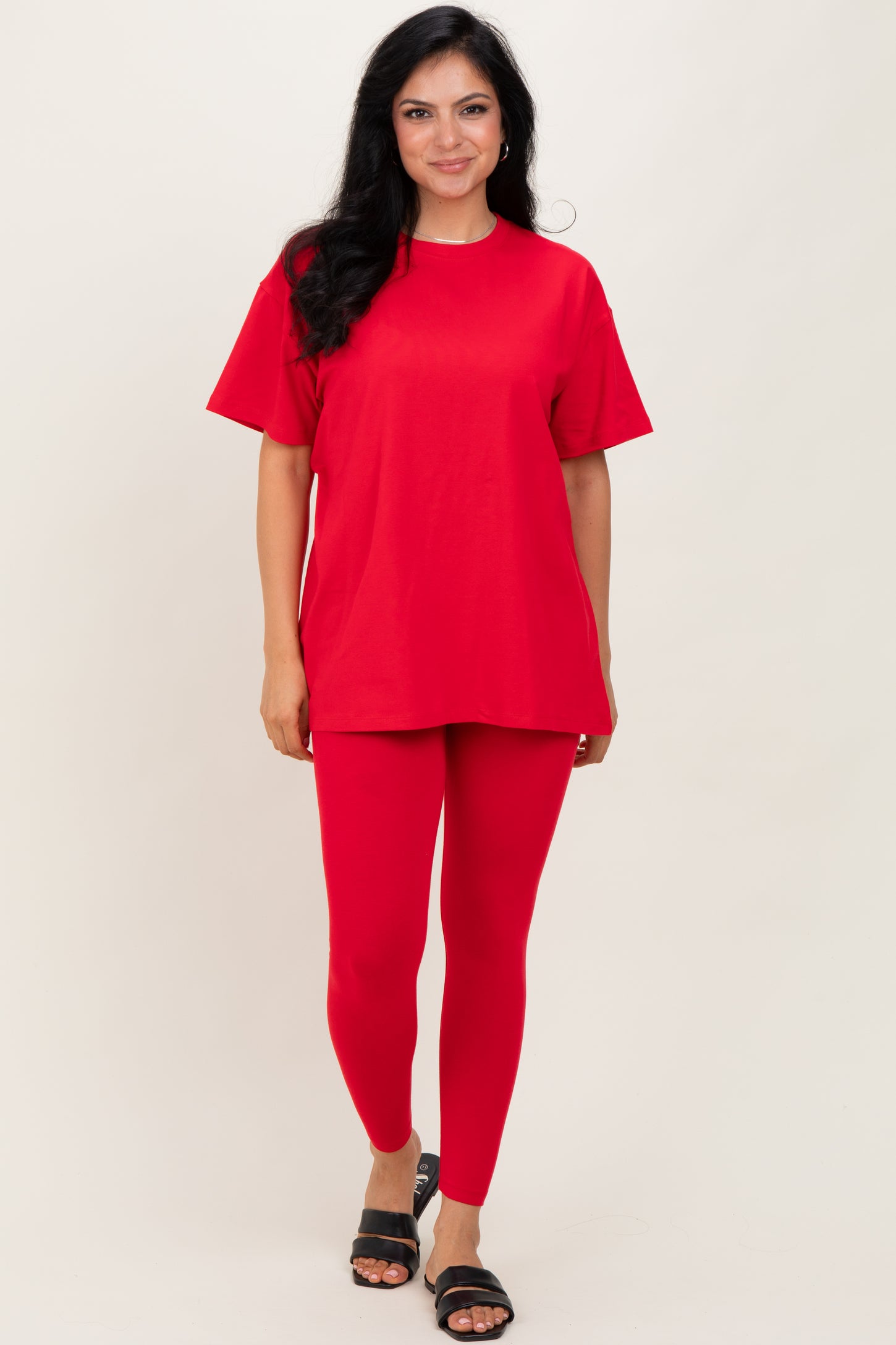 Red Oversized Crewneck Short Sleeve and Legging Maternity Set