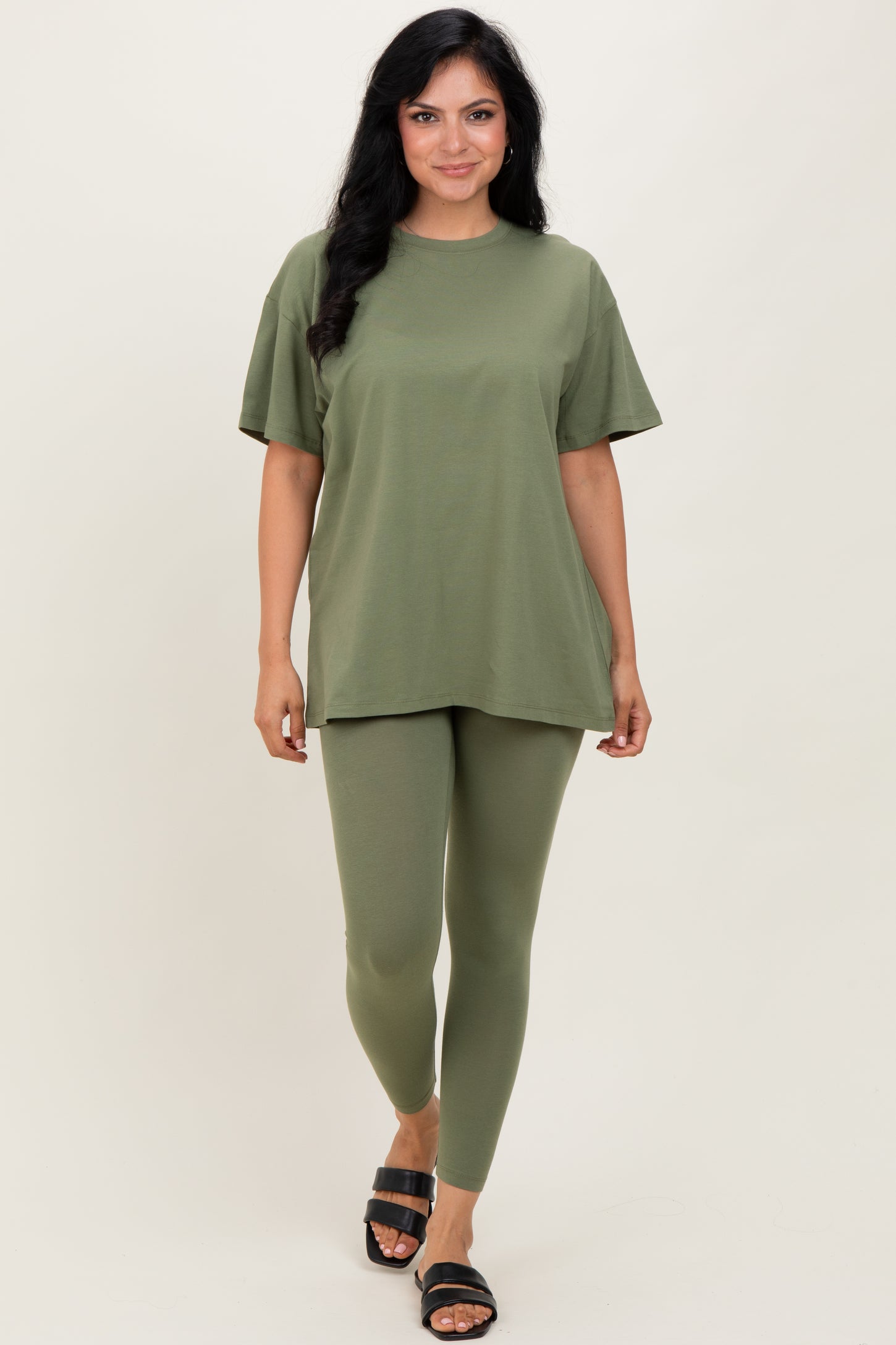 Light Olive Oversized Crewneck Short Sleeve and Legging Set