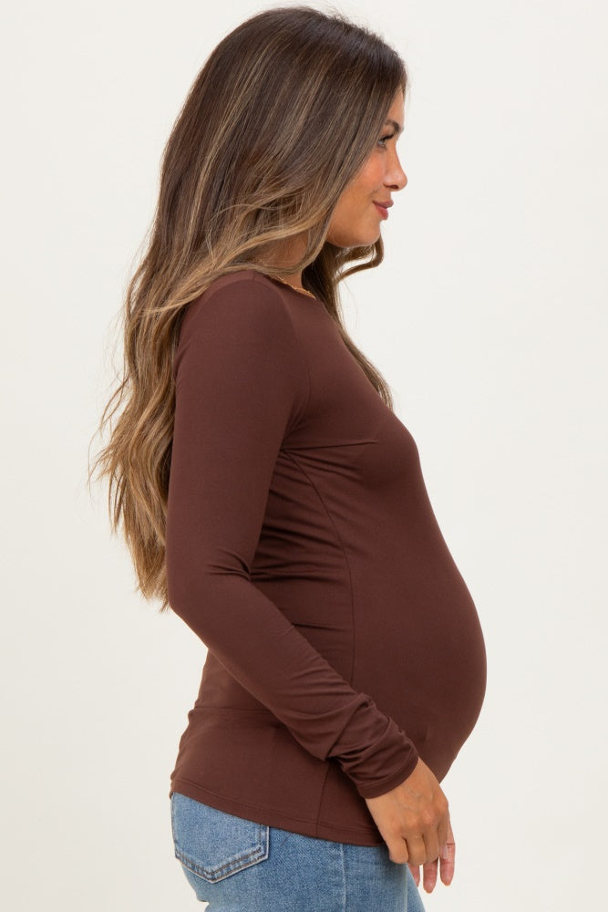 Brown Basic Long Sleeve Maternity Top