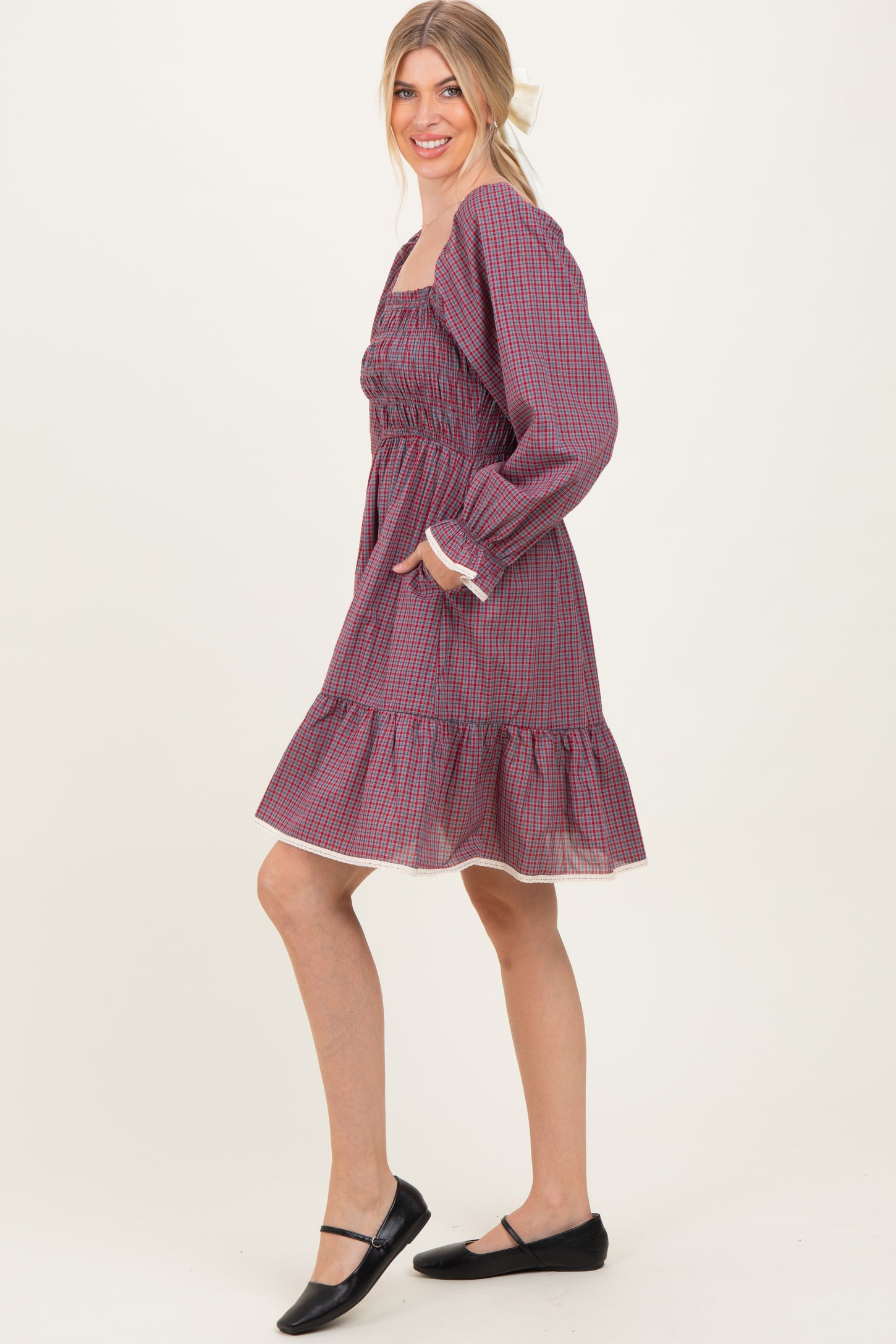 Cranberry Vintage Checked Plaid Square-Neck Dress