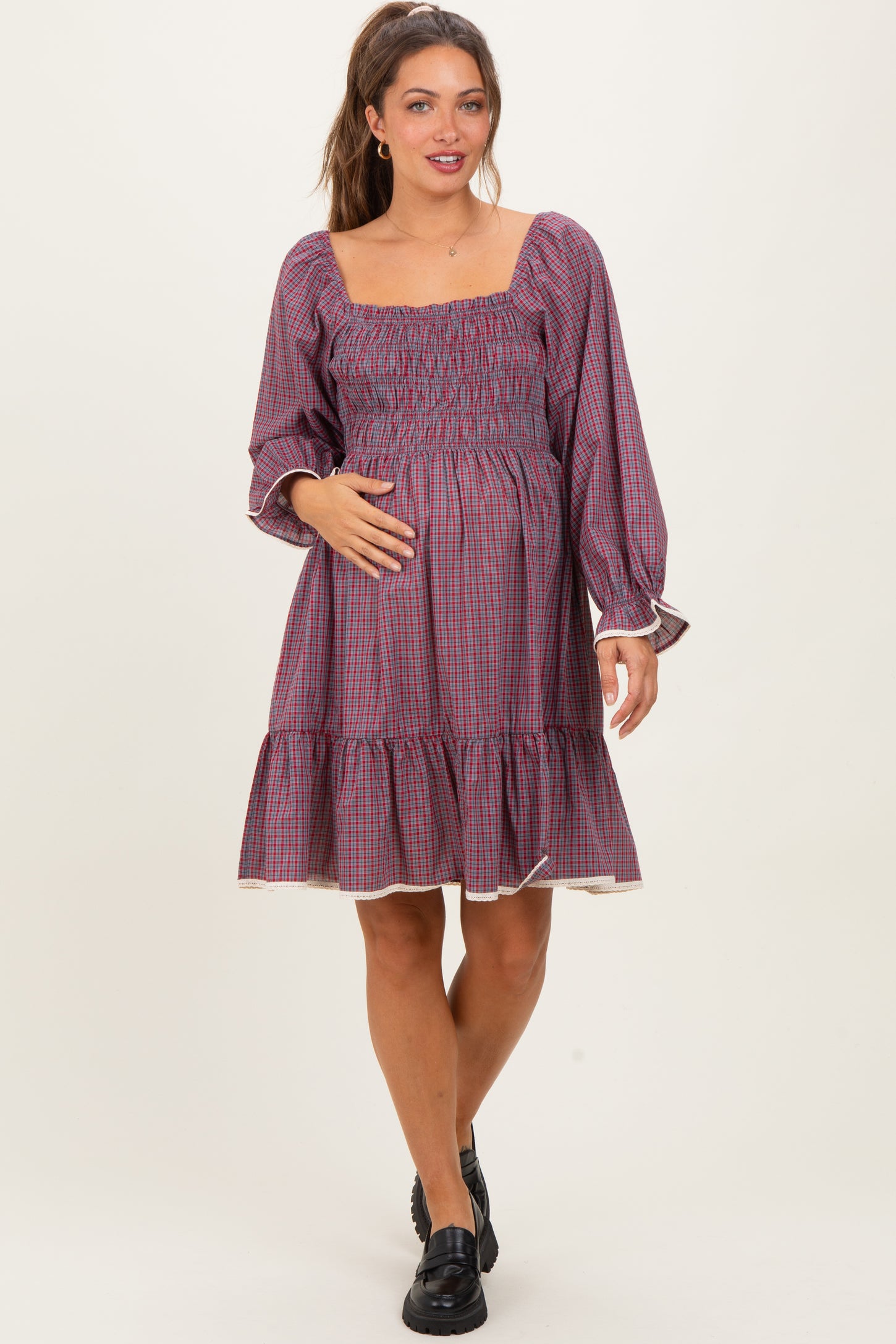 Cranberry Vintage Checked Plaid Square-Neck Maternity Dress