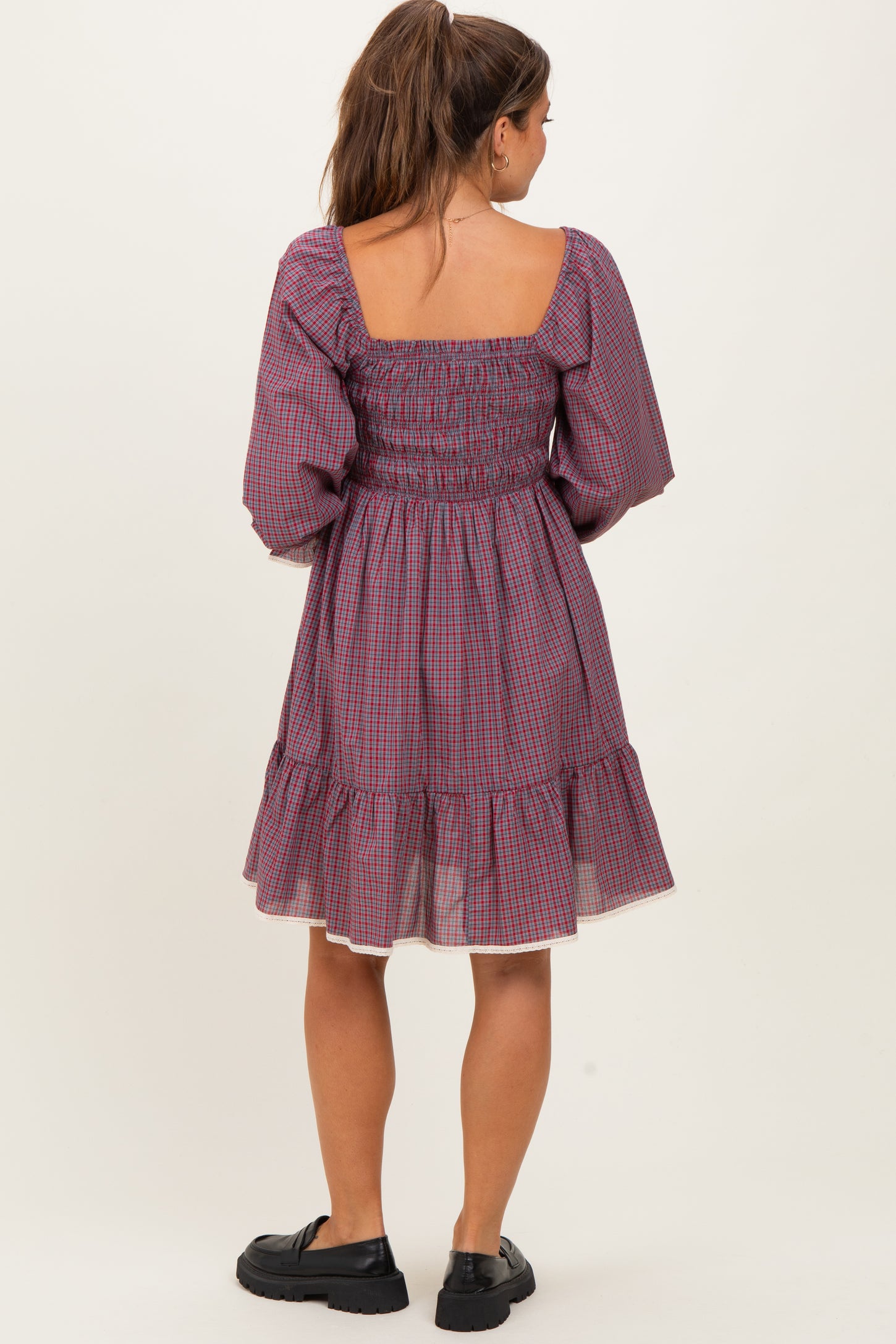Cranberry Vintage Checked Plaid Square-Neck Maternity Dress