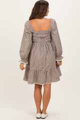 Beige Vintage Checked Plaid Square-Neck Maternity Dress