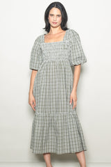 Sage Plaid  Bubble Sleeve Maternity Dress