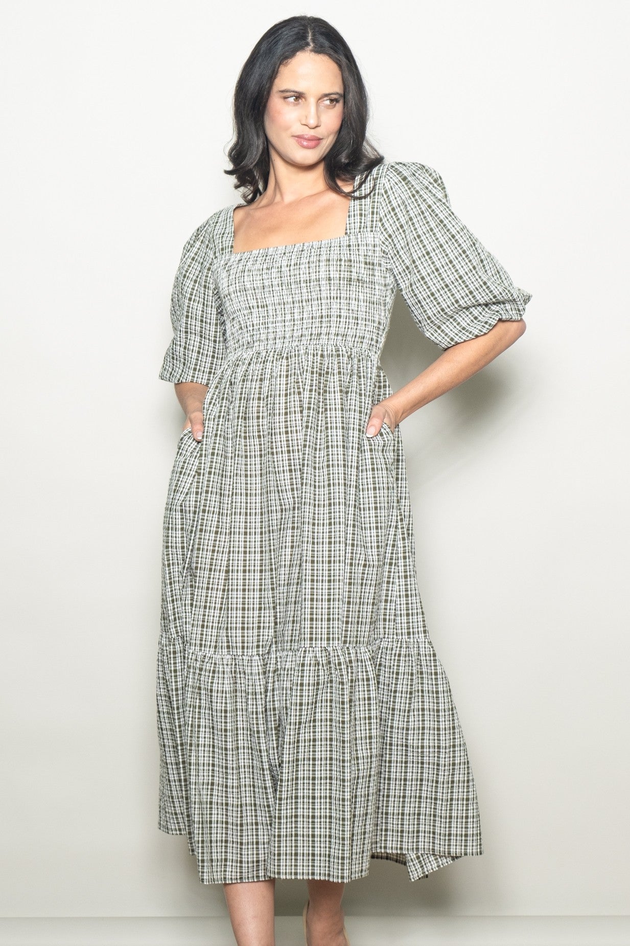 Sage Plaid  Bubble Sleeve Dress