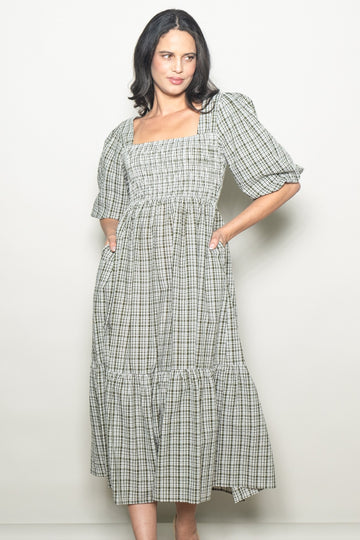 Sage Plaid  Bubble Sleeve Dress
