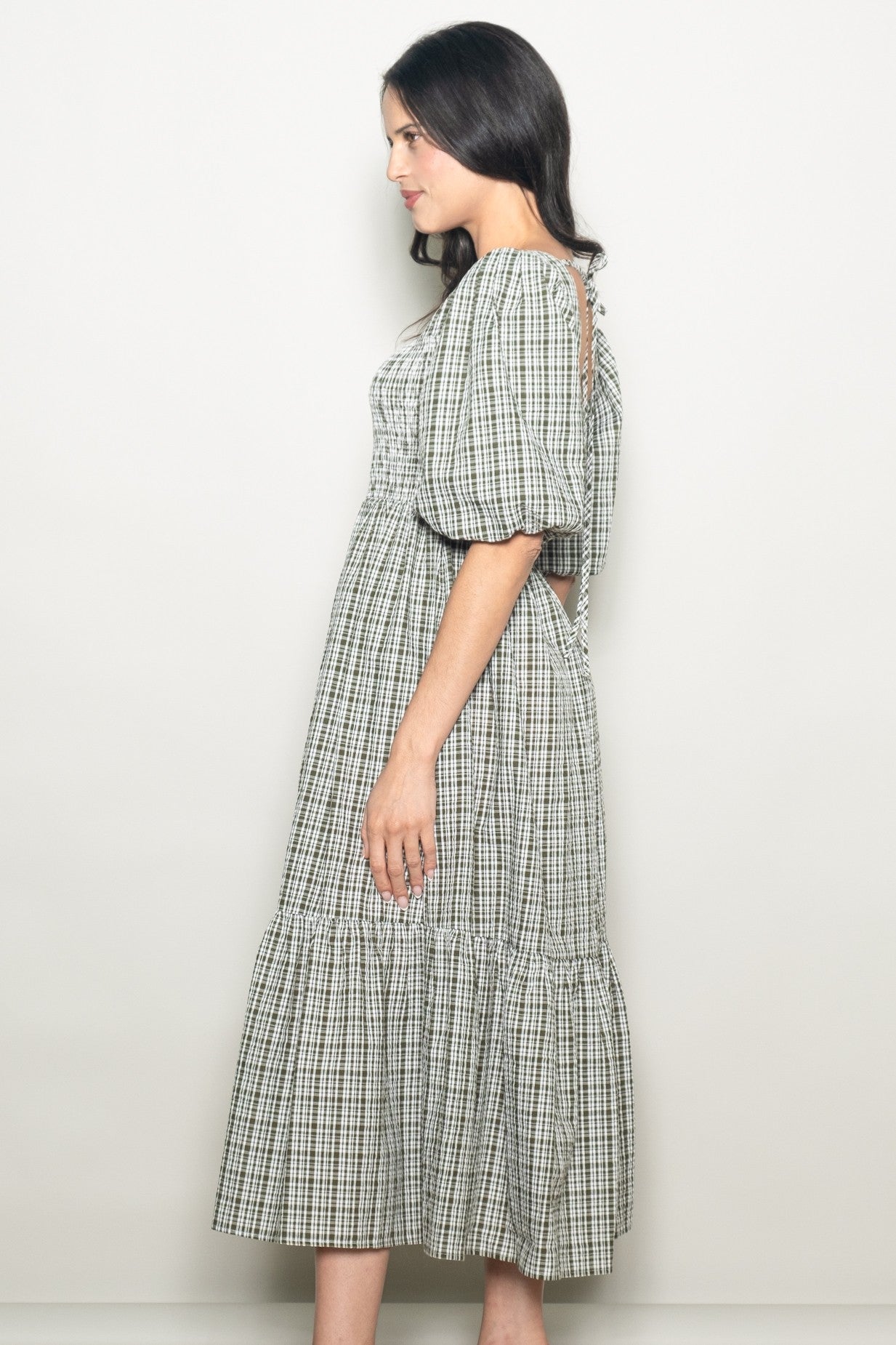 Sage Plaid  Bubble Sleeve Dress