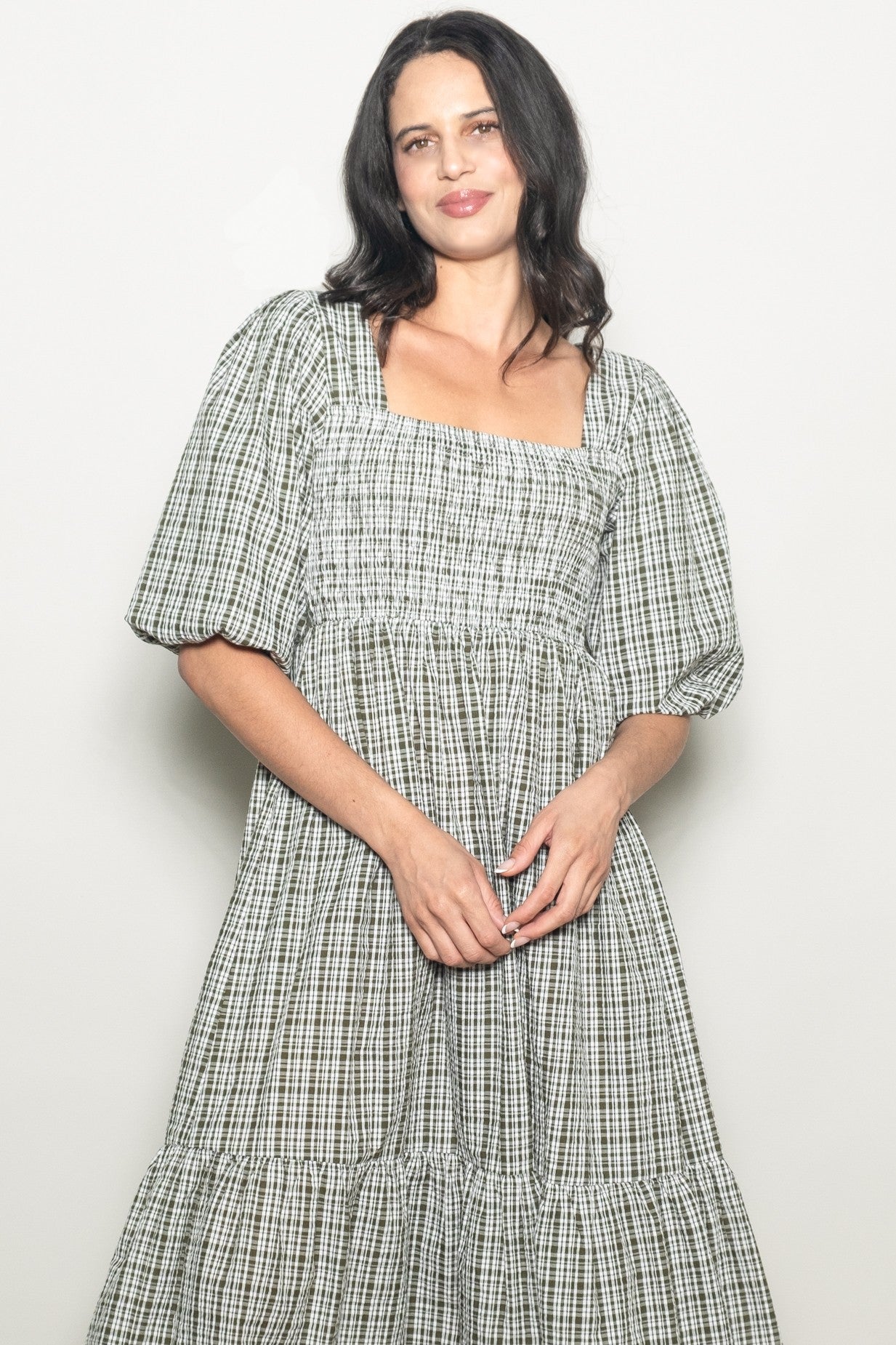 Sage Plaid  Bubble Sleeve Dress