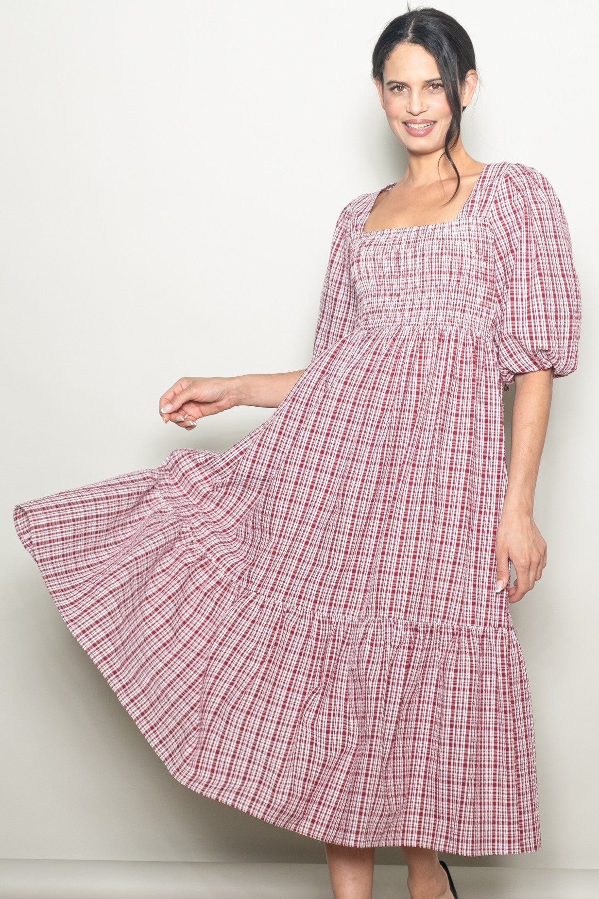 Red Plaid  Bubble Sleeve Dress