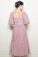 Red Plaid  Bubble Sleeve Dress