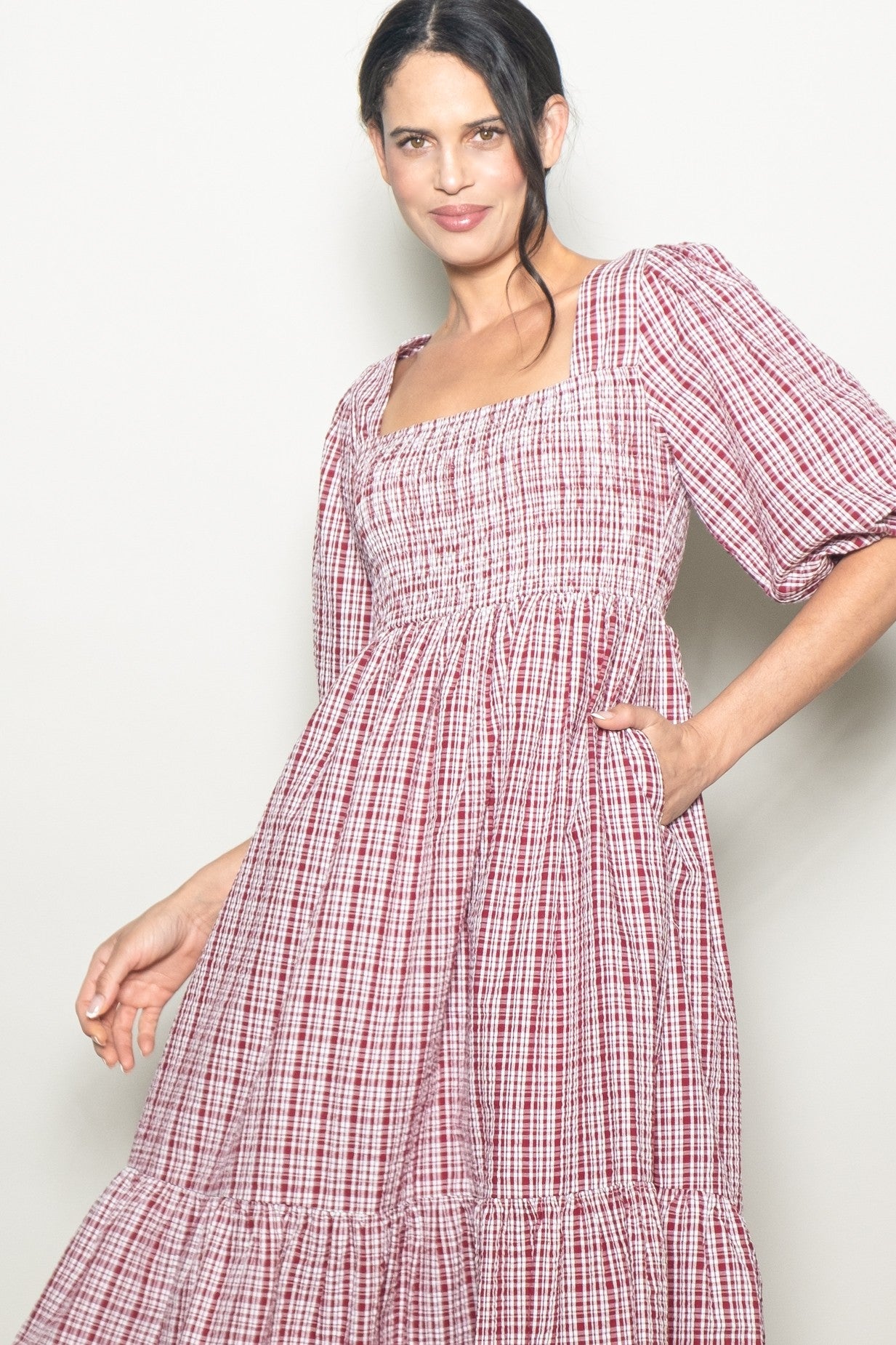 Red Plaid  Bubble Sleeve Dress