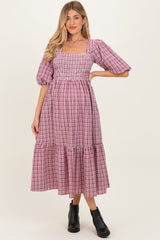 Red Plaid  Bubble Sleeve Maternity Dress