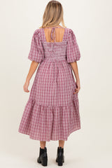 Red Plaid  Bubble Sleeve Maternity Dress