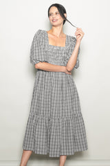 Black Plaid  Bubble Sleeve Maternity Dress