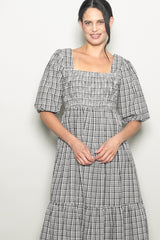 Black Plaid  Bubble Sleeve Dress
